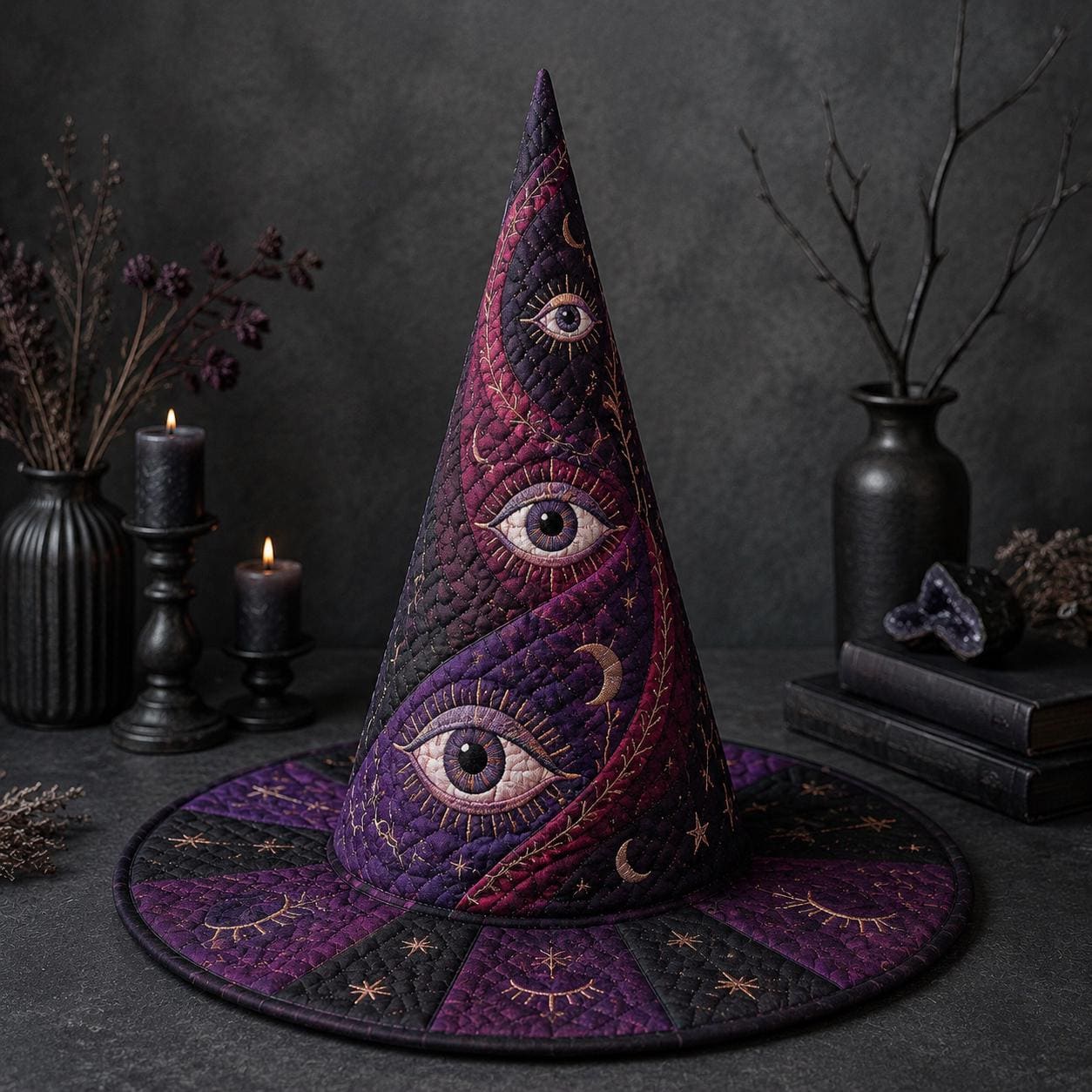 Quilted Celestial Witch Hat Halloween Decor – Gothic Mystical Witchy Table Centerpiece with Evil Eye Moon and Stars Decoration - photo 2