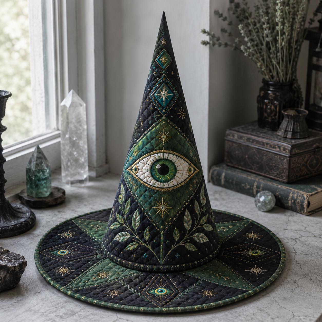 Quilted Celestial Witch Hat Halloween Decor – Gothic Mystical Witchy Table Centerpiece with Evil Eye Moon and Stars Decoration - photo 5