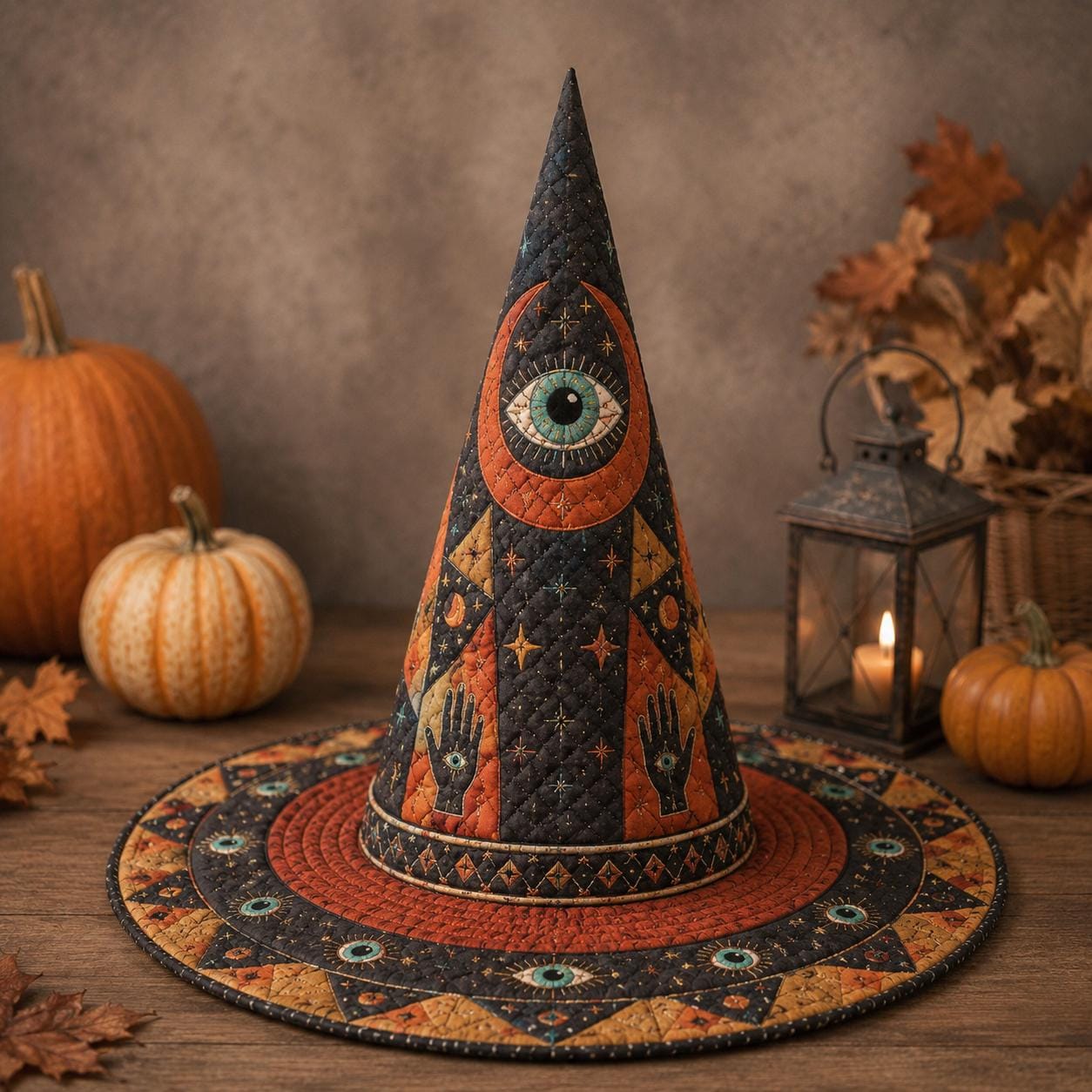 Quilted Celestial Witch Hat Halloween Decor – Gothic Mystical Witchy Table Centerpiece with Evil Eye Moon and Stars Decoration - photo 6