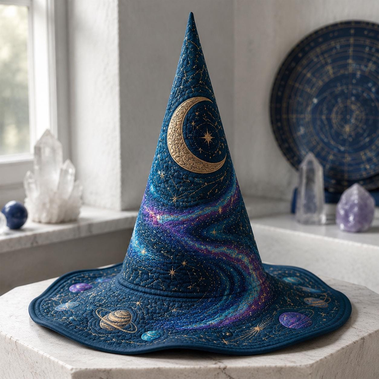 Celestial Quilted Witch Hat Halloween Decoration β Gothic Mystical Witchy Fall Home Decor Table Centerpiece with Crescent Moon and Star