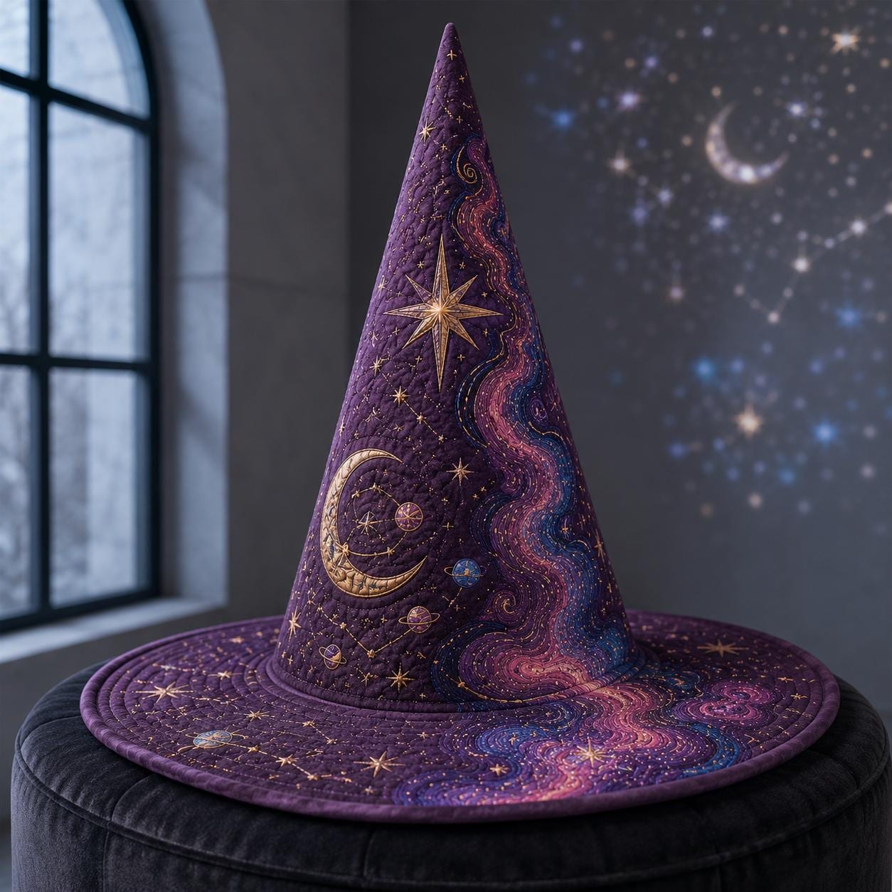 Celestial Quilted Witch Hat Halloween Decoration – Gothic Mystical Witchy Fall Home Decor Table Centerpiece with Crescent Moon and Star - photo 2