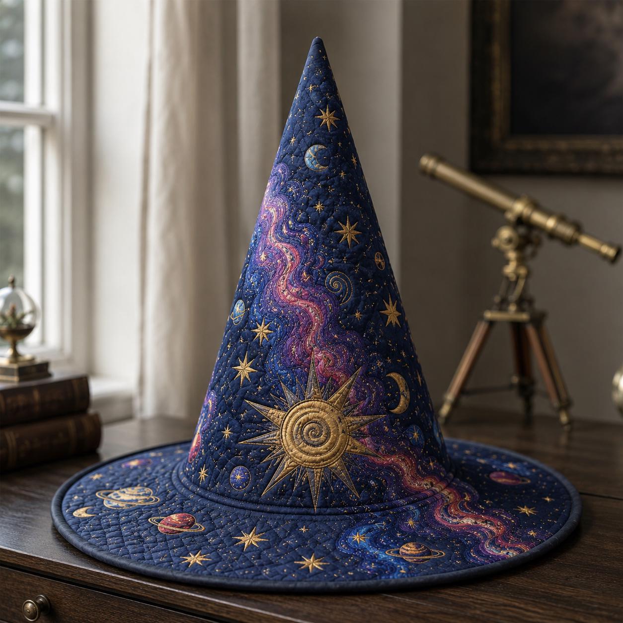 Celestial Quilted Witch Hat Halloween Decoration – Gothic Mystical Witchy Fall Home Decor Table Centerpiece with Crescent Moon and Star - photo 3