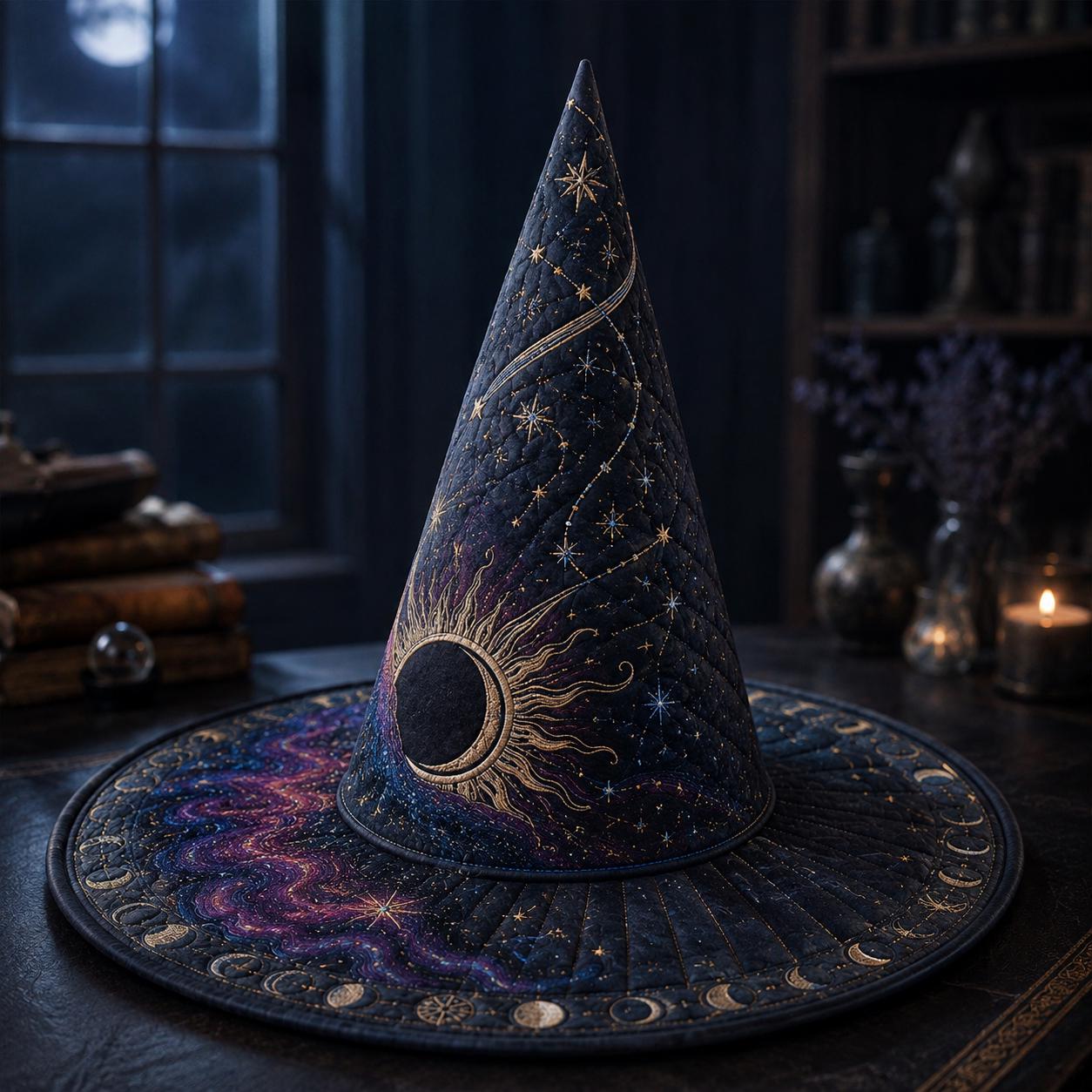 Celestial Quilted Witch Hat Halloween Decoration – Gothic Mystical Witchy Fall Home Decor Table Centerpiece with Crescent Moon and Star - photo 6