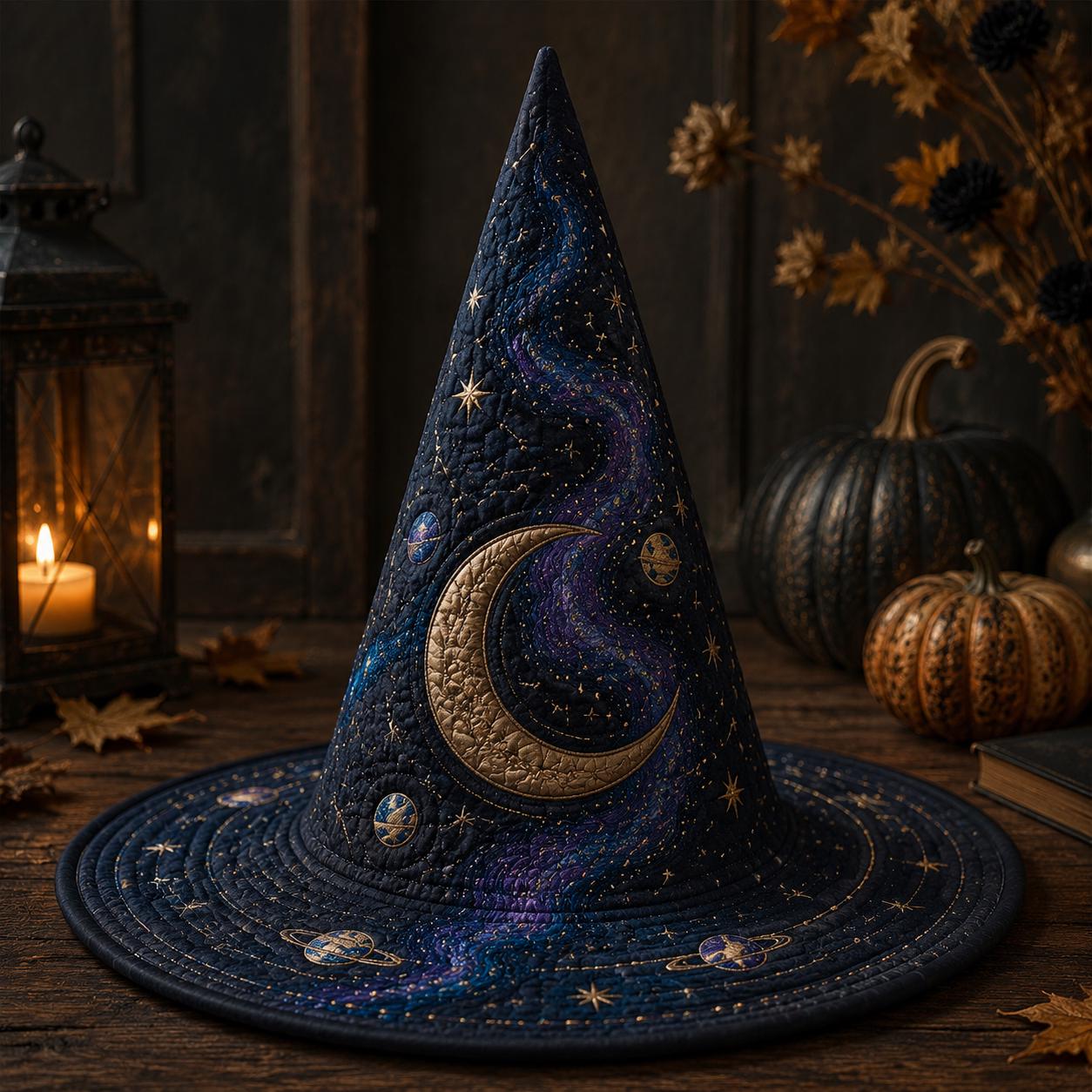 Celestial Quilted Witch Hat Halloween Decoration – Gothic Mystical Witchy Fall Home Decor Table Centerpiece with Crescent Moon and Star - photo 7
