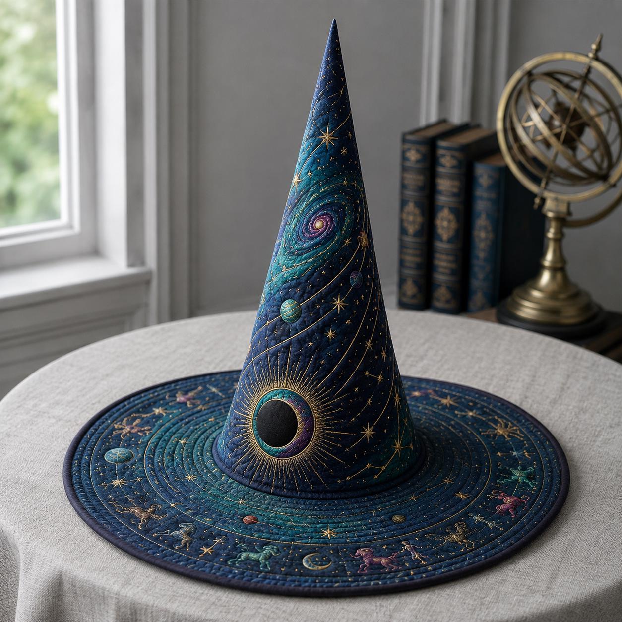 Celestial Quilted Witch Hat Halloween Decoration – Gothic Mystical Witchy Fall Home Decor Table Centerpiece with Crescent Moon and Star - photo 8