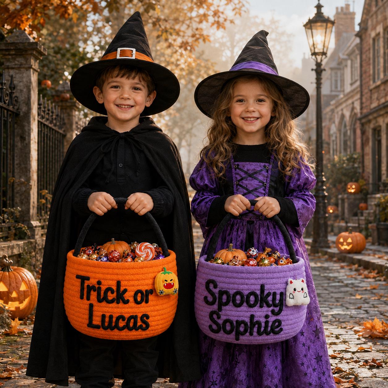 Personalized Custom Name Rope Halloween Candy Basket – Spooky Kids Trick or Treat Bucket and Party Gift for Children