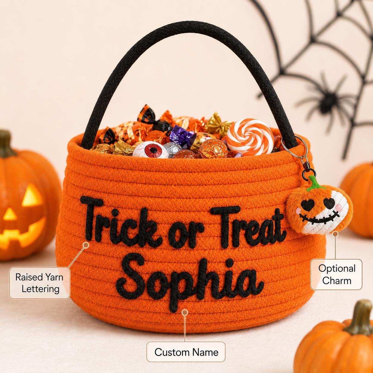 Personalized Custom Name Rope Halloween Candy Basket – Spooky Kids Trick or Treat Bucket and Party Gift for Children - photo 3