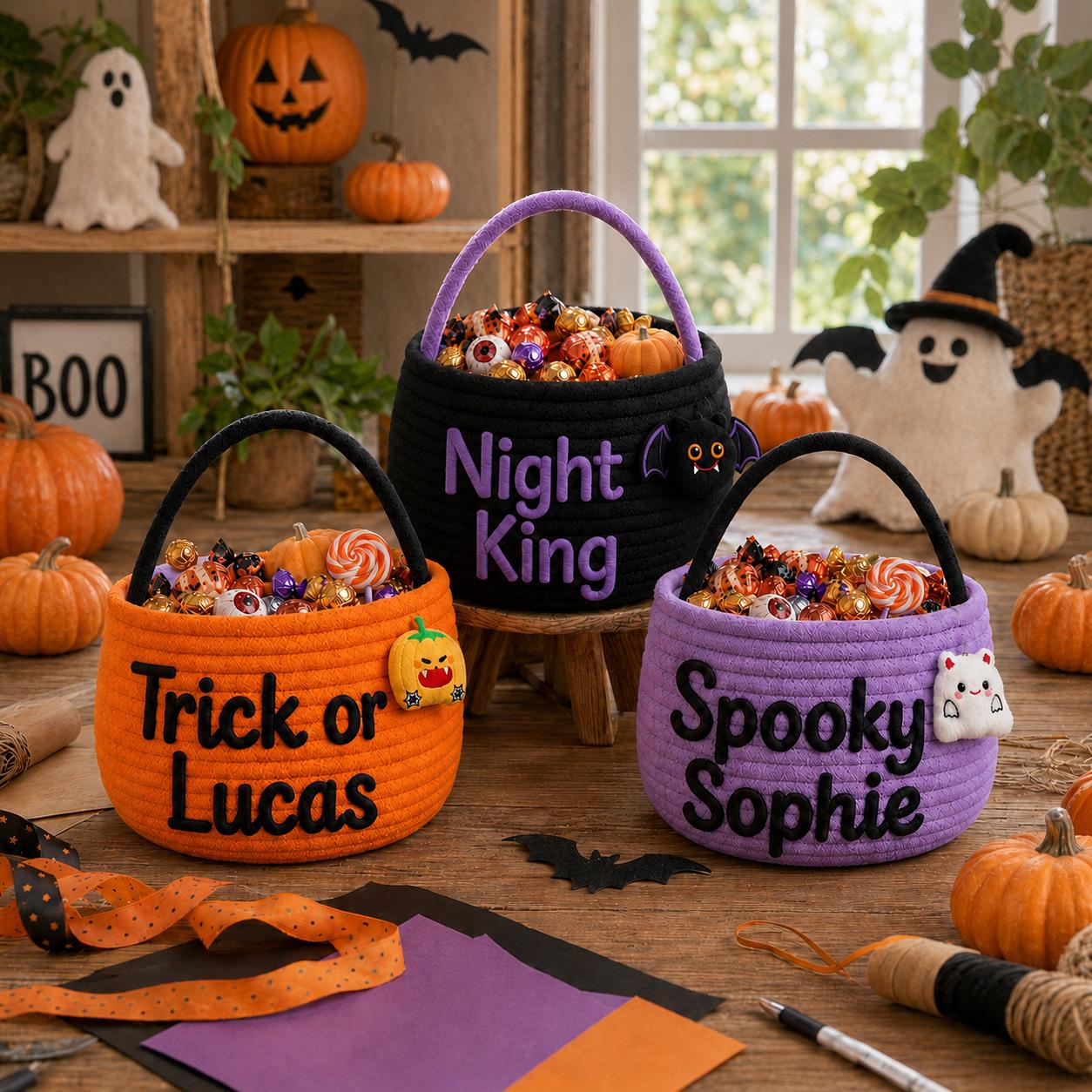 Personalized Custom Name Rope Halloween Candy Basket – Spooky Kids Trick or Treat Bucket and Party Gift for Children - photo 7