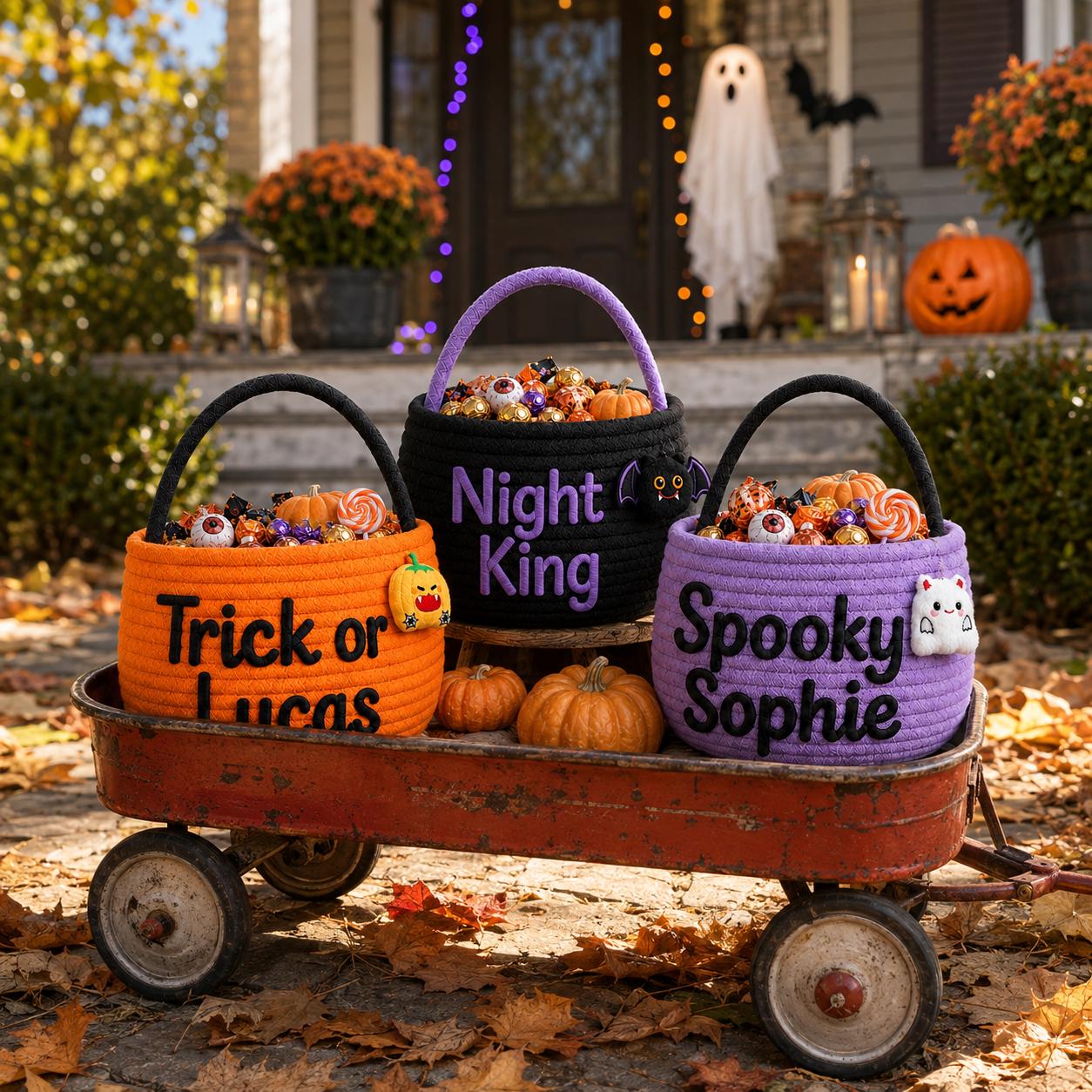 Personalized Custom Name Rope Halloween Candy Basket – Spooky Kids Trick or Treat Bucket and Party Gift for Children - photo 8