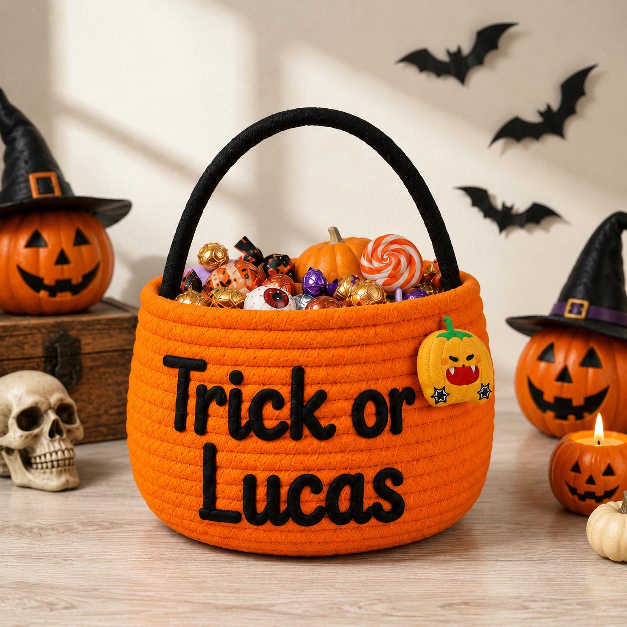 Personalized Custom Name Rope Halloween Candy Basket – Spooky Kids Trick or Treat Bucket and Party Gift for Children - photo 9