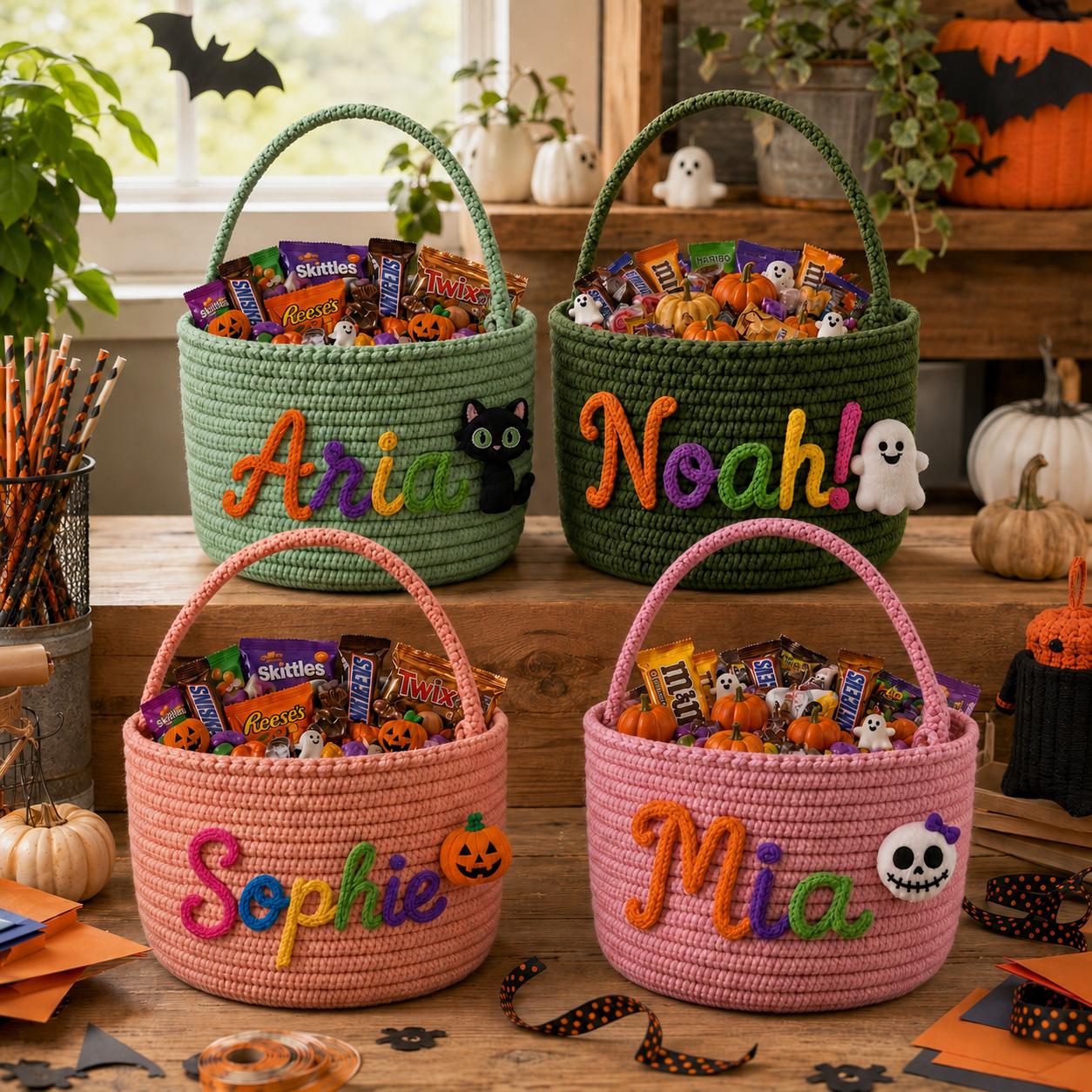 Personalized Custom Name Rope Halloween Basket – Kids Trick or Treat Candy Bucket and Cute Pumpkin Ghost Cat Bin