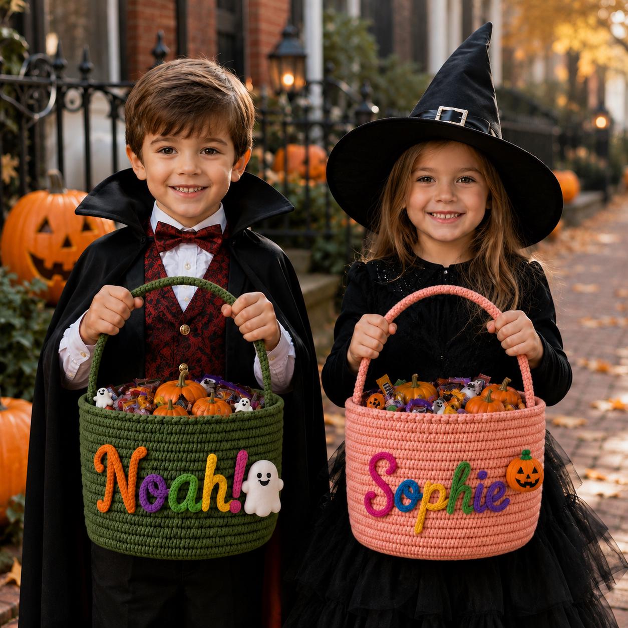 Personalized Custom Name Rope Halloween Basket – Kids Trick or Treat Candy Bucket and Cute Pumpkin Ghost Cat Bin - photo 2