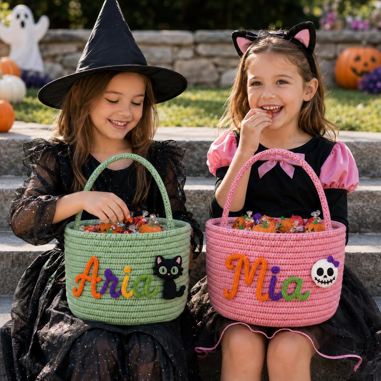 Personalized Custom Name Rope Halloween Basket – Kids Trick or Treat Candy Bucket and Cute Pumpkin Ghost Cat Bin - photo 5