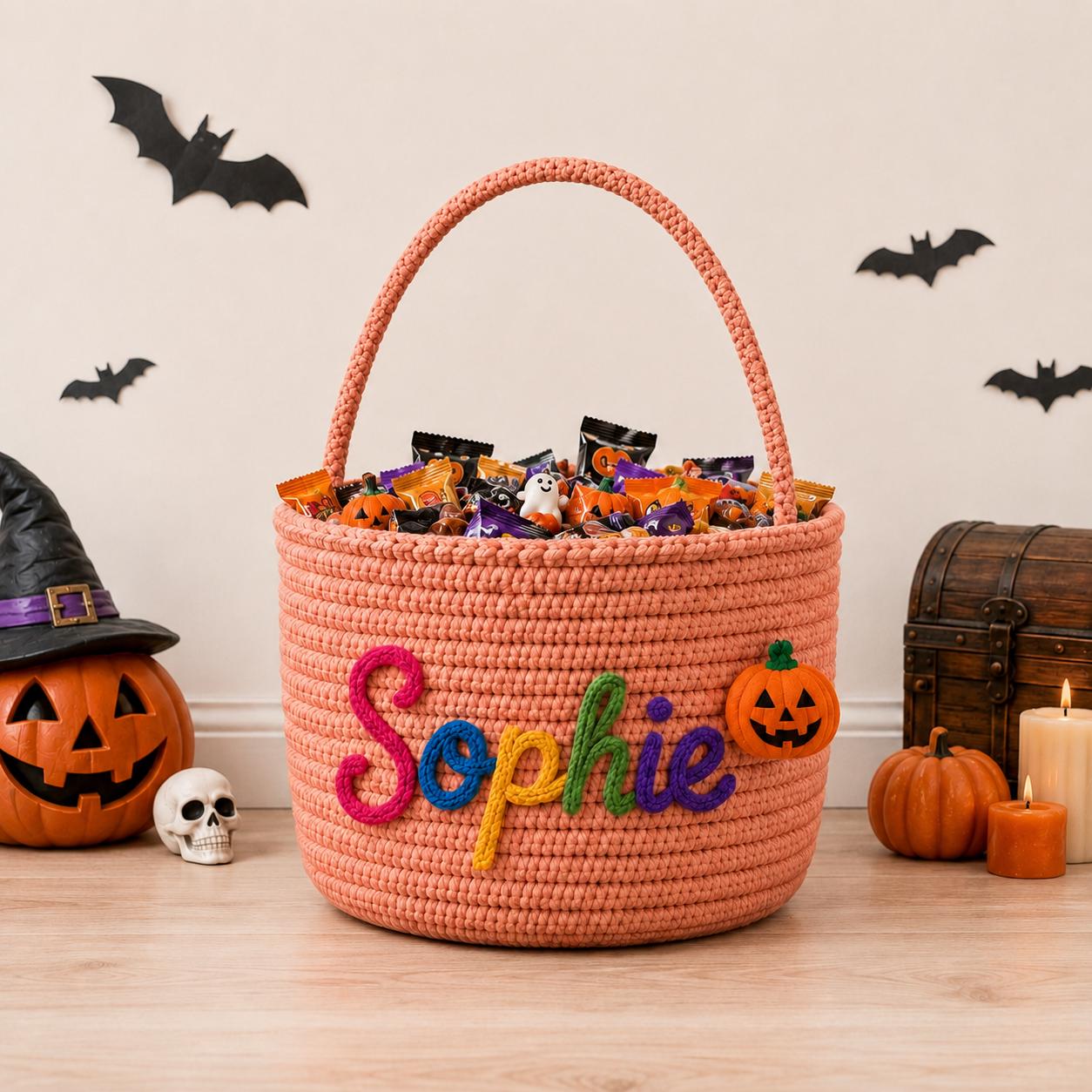 Personalized Custom Name Rope Halloween Basket – Kids Trick or Treat Candy Bucket and Cute Pumpkin Ghost Cat Bin - photo 6