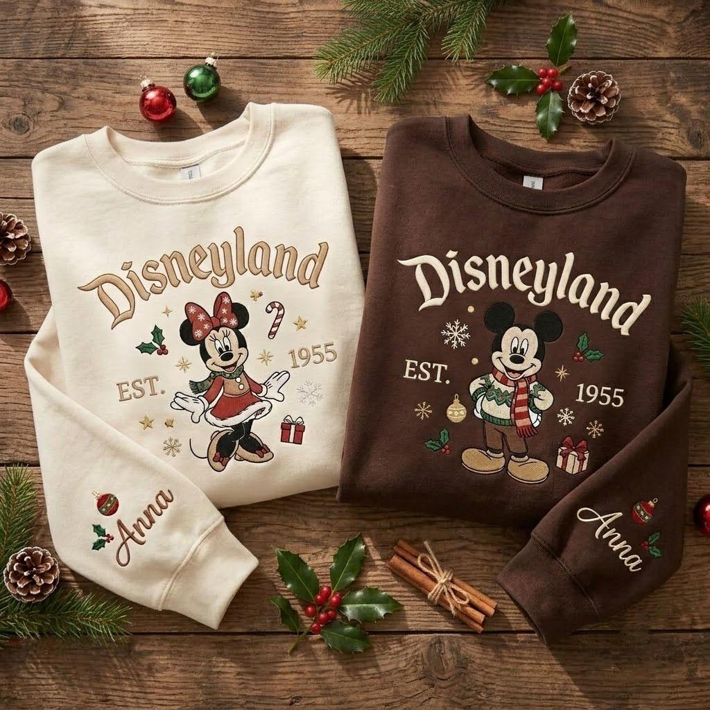 Mickey and Minnie Christmas Embroidered Sweatshirt with Personalized Name Sleeve – Disneyland Holiday Crewneck Winter Vacation Gift