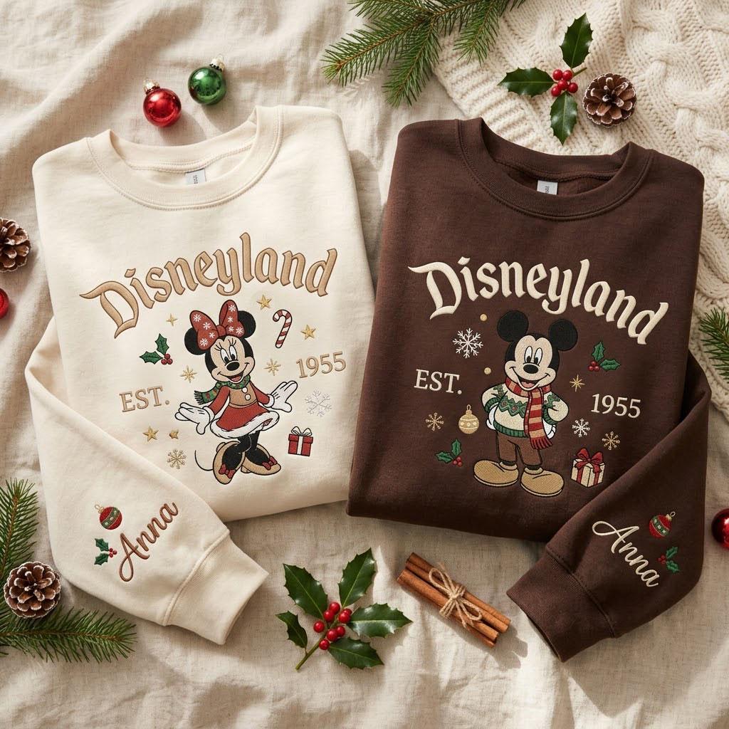 Mickey and Minnie Christmas Embroidered Sweatshirt with Personalized Name Sleeve – Disneyland Holiday Crewneck Winter Vacation Gift - photo 2