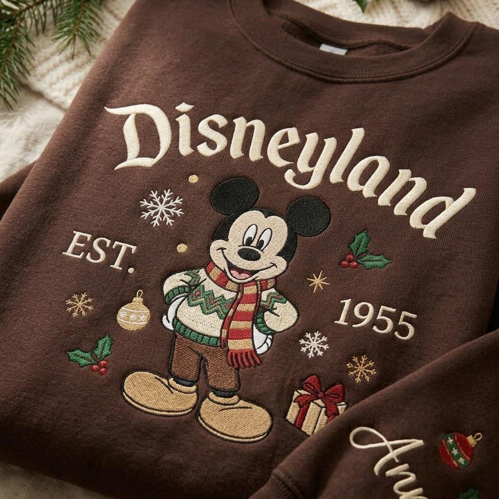 Mickey and Minnie Christmas Embroidered Sweatshirt with Personalized Name Sleeve – Disneyland Holiday Crewneck Winter Vacation Gift - photo 3