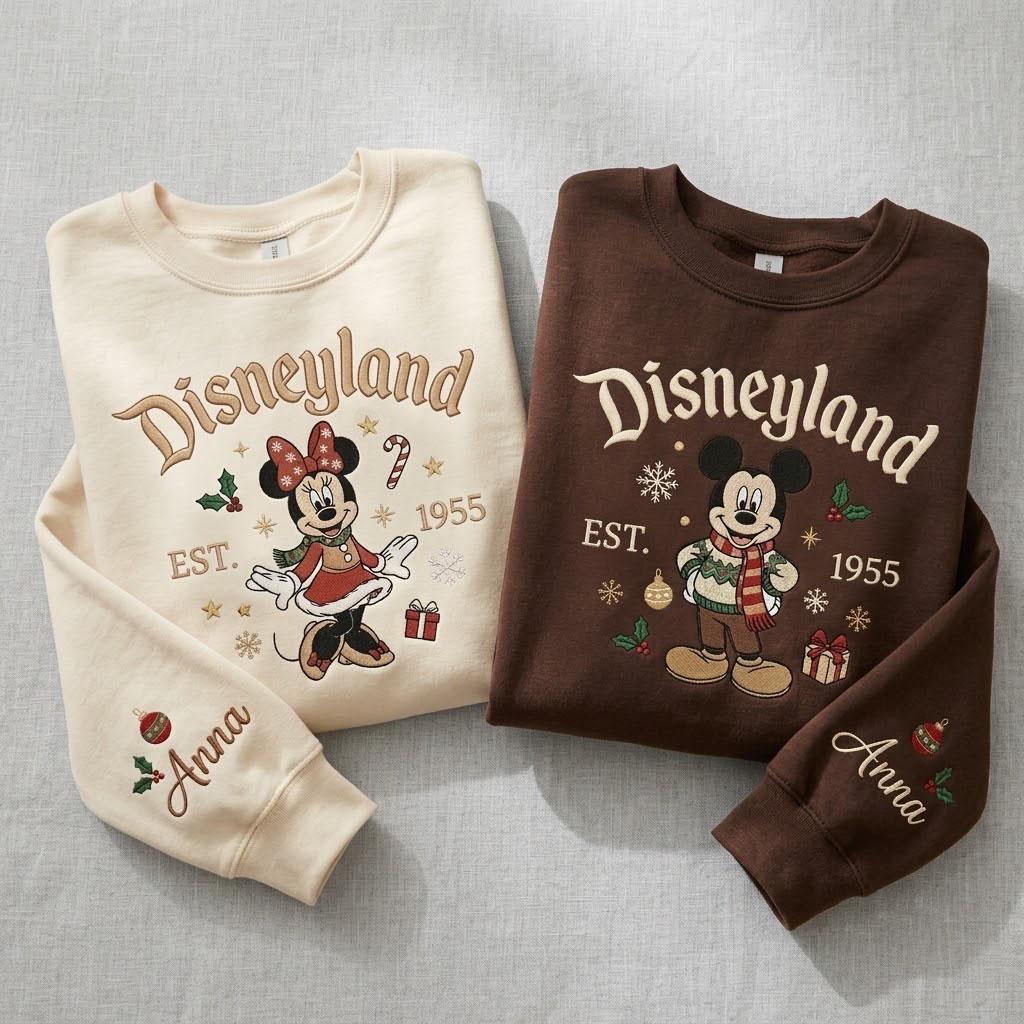 Mickey and Minnie Christmas Embroidered Sweatshirt with Personalized Name Sleeve – Disneyland Holiday Crewneck Winter Vacation Gift - photo 4