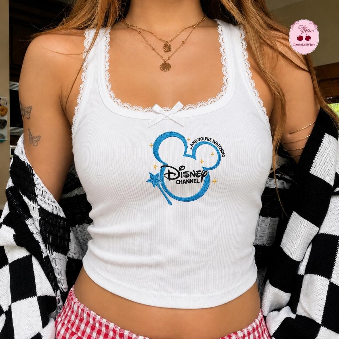 Embroidered Disney Channel Games Logo Lace Trim Tank Top with Classic Squad Mickey Ears Gaming Baby Tee Crop Top - photo 3