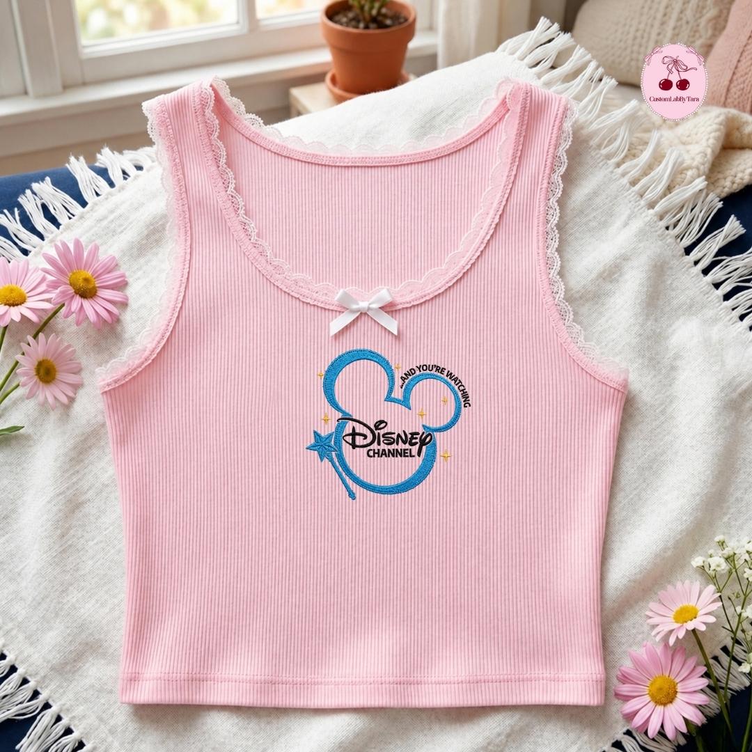Embroidered Disney Channel Games Logo Lace Trim Tank Top with Classic Squad Mickey Ears Gaming Baby Tee Crop Top - photo 5