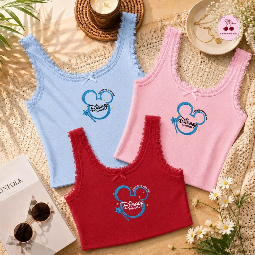 Embroidered Disney Channel Games Logo Lace Trim Tank Top with Classic Squad Mickey Ears Gaming Baby Tee Crop Top - photo 8