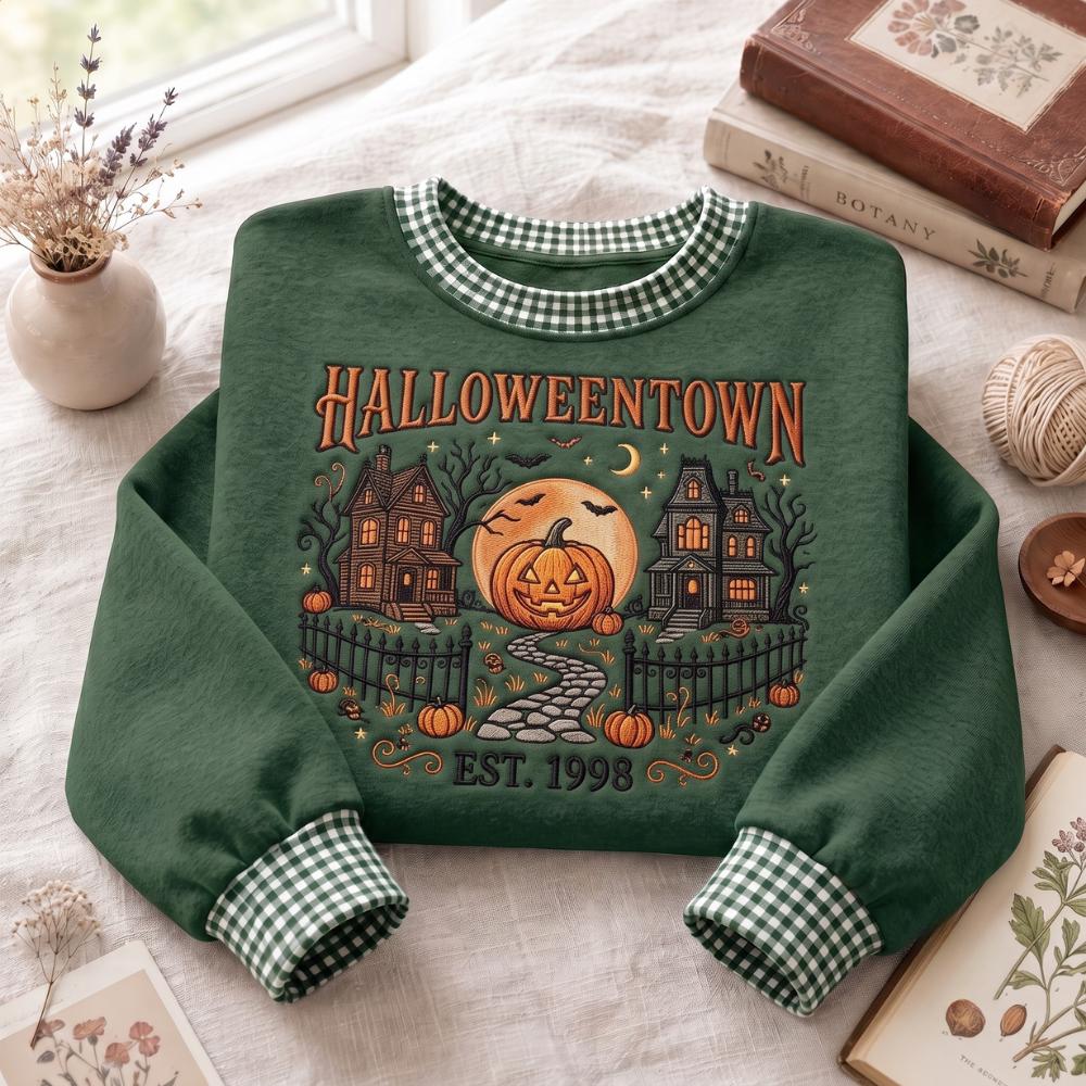 Embroidered Halloween Town Sweatshirt – Vintage Spooky Autumn Haunted House and Pumpkin Crewneck Sweater Lover Gift