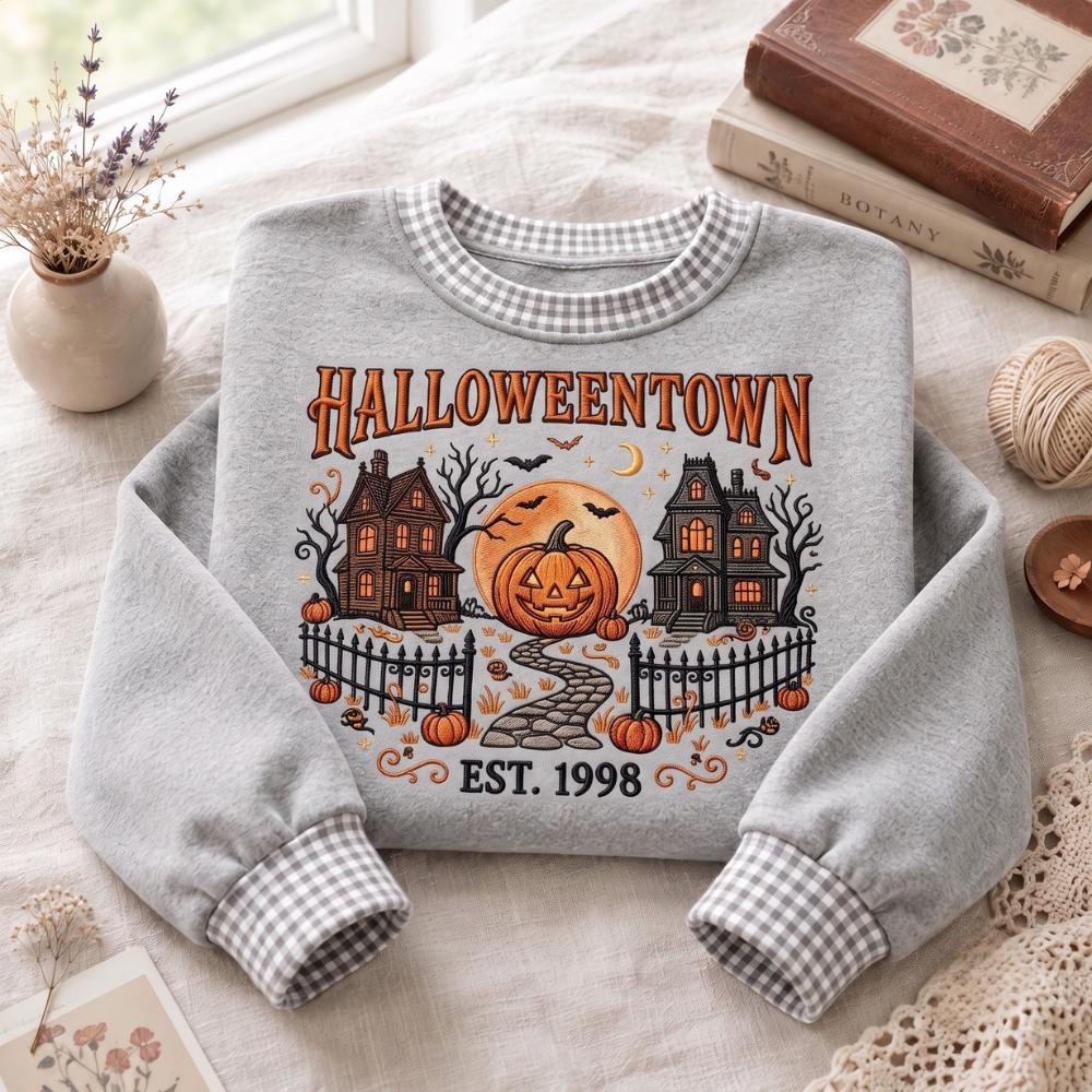 Embroidered Halloween Town Sweatshirt – Vintage Spooky Autumn Haunted House and Pumpkin Crewneck Sweater Lover Gift - photo 2