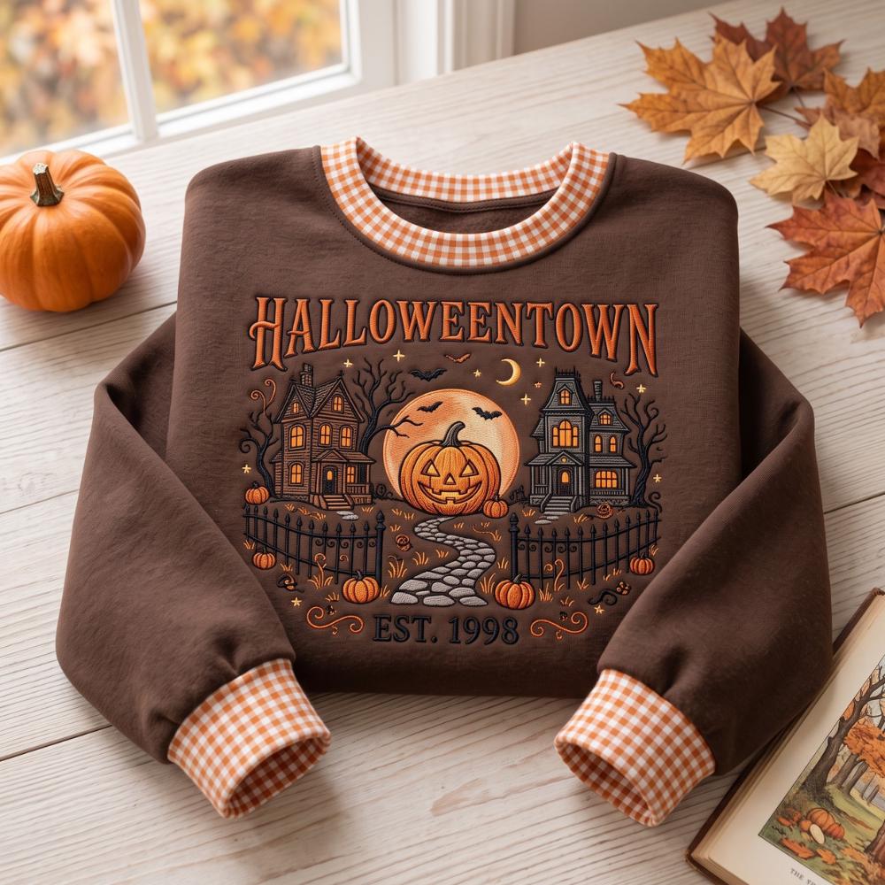 Embroidered Halloween Town Sweatshirt – Vintage Spooky Autumn Haunted House and Pumpkin Crewneck Sweater Lover Gift - photo 6