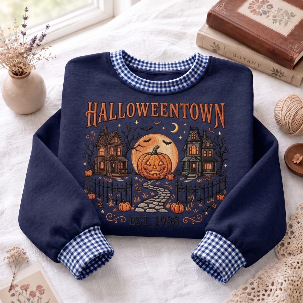 Embroidered Halloween Town Sweatshirt – Vintage Spooky Autumn Haunted House and Pumpkin Crewneck Sweater Lover Gift - photo 7