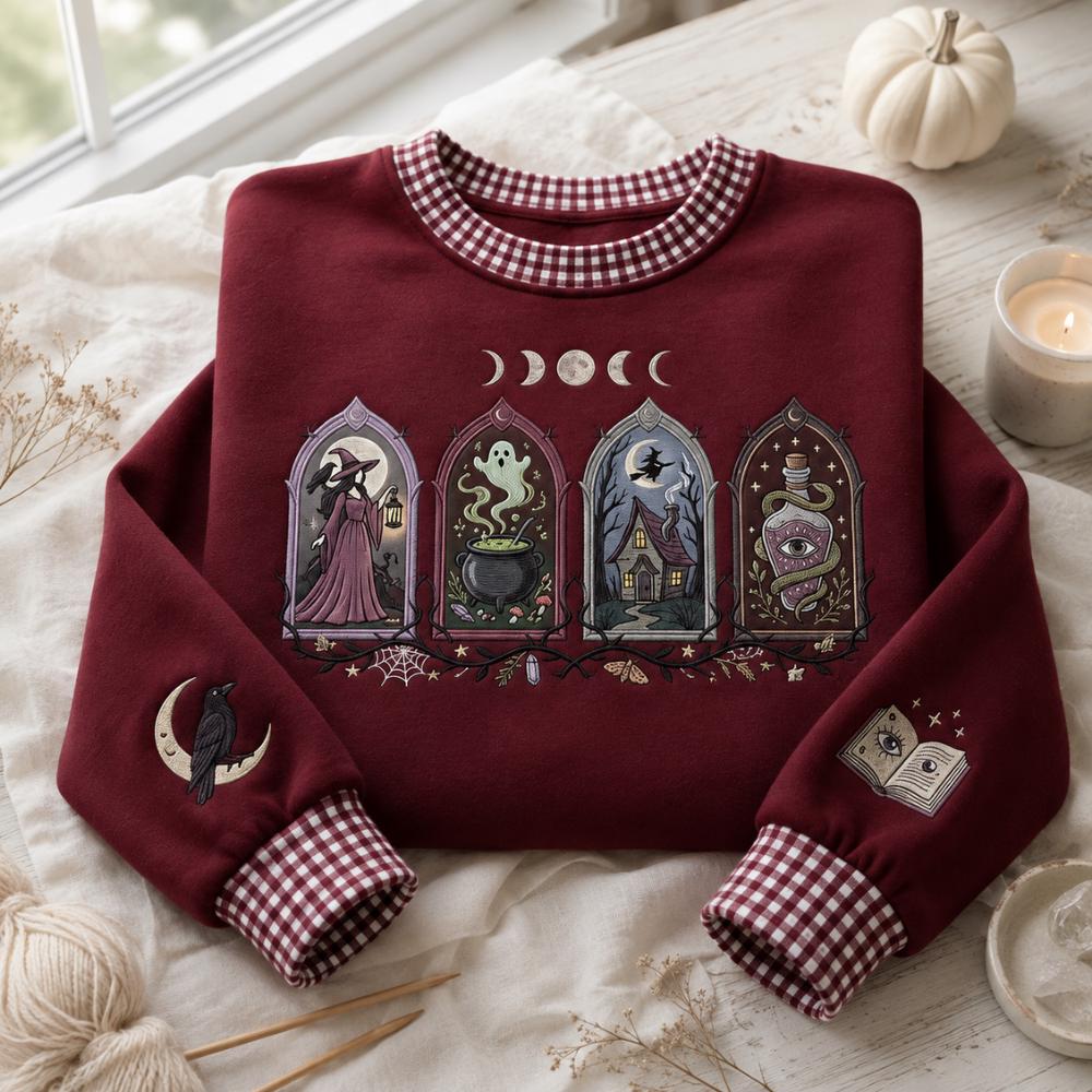 Embroidered Witchy Sweatshirt with Gothic Magic Crewneck and Moon Phase Raven Potion Book Design for Spooky Halloween Sweater Witch Lover Gift