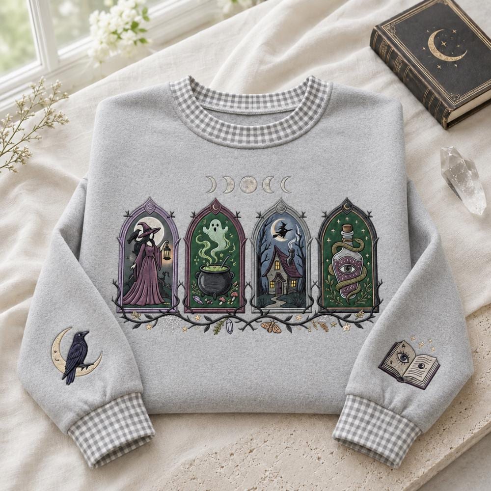 Embroidered Witchy Sweatshirt with Gothic Magic Crewneck and Moon Phase Raven Potion Book Design for Spooky Halloween Sweater Witch Lover Gift - photo 2
