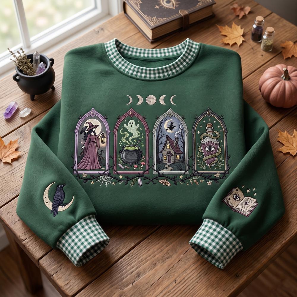 Embroidered Witchy Sweatshirt with Gothic Magic Crewneck and Moon Phase Raven Potion Book Design for Spooky Halloween Sweater Witch Lover Gift - photo 6