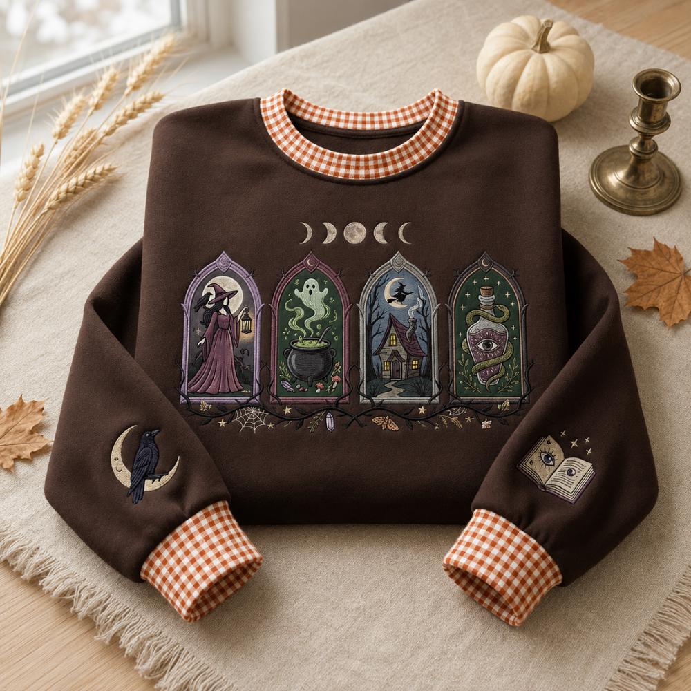 Embroidered Witchy Sweatshirt with Gothic Magic Crewneck and Moon Phase Raven Potion Book Design for Spooky Halloween Sweater Witch Lover Gift - photo 7