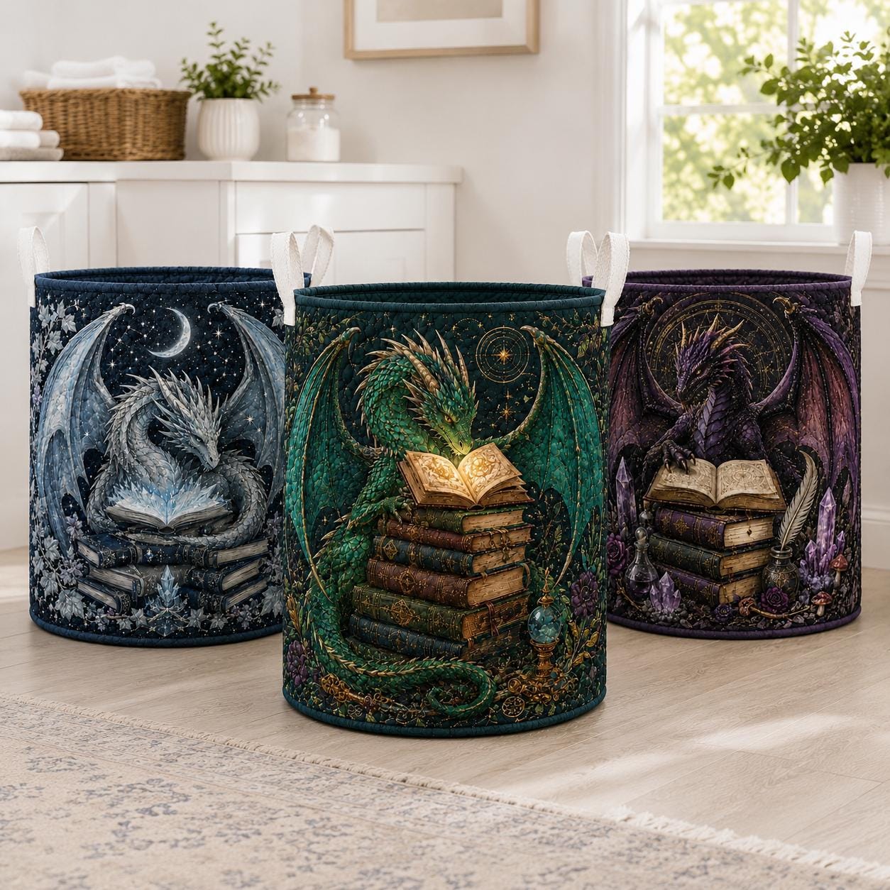 Laundry Basket and Storage Hamper with Dragon Fantasy Quilted Style, Magical Nursery Organizer and Whimsical Home Decor Gift for Book Lover