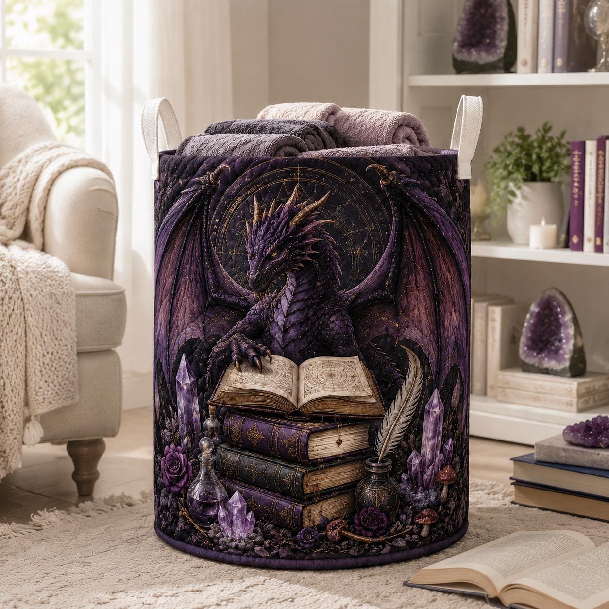 Laundry Basket and Storage Hamper with Dragon Fantasy Quilted Style, Magical Nursery Organizer and Whimsical Home Decor Gift for Book Lover - photo 2