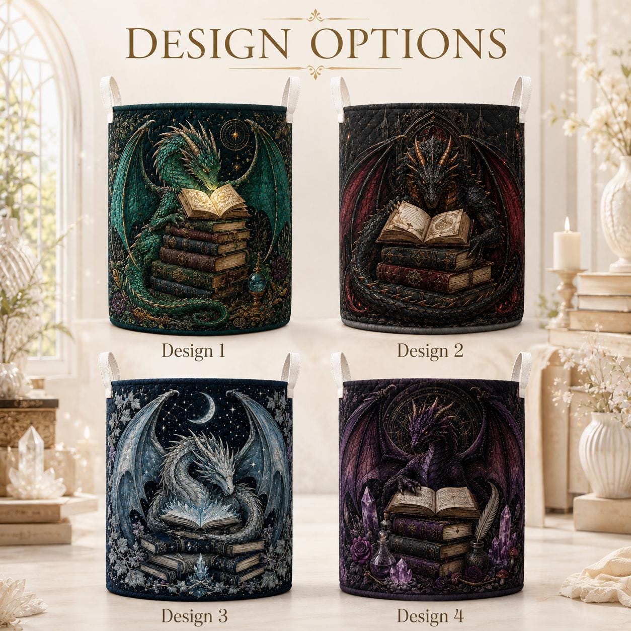 Laundry Basket and Storage Hamper with Dragon Fantasy Quilted Style, Magical Nursery Organizer and Whimsical Home Decor Gift for Book Lover - photo 3