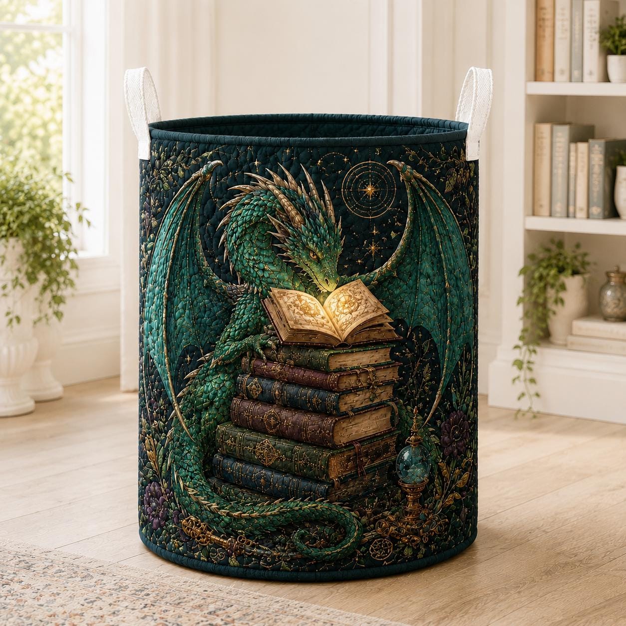 Laundry Basket and Storage Hamper with Dragon Fantasy Quilted Style, Magical Nursery Organizer and Whimsical Home Decor Gift for Book Lover - photo 5