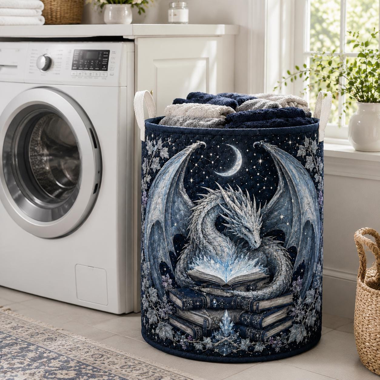 Laundry Basket and Storage Hamper with Dragon Fantasy Quilted Style, Magical Nursery Organizer and Whimsical Home Decor Gift for Book Lover - photo 6