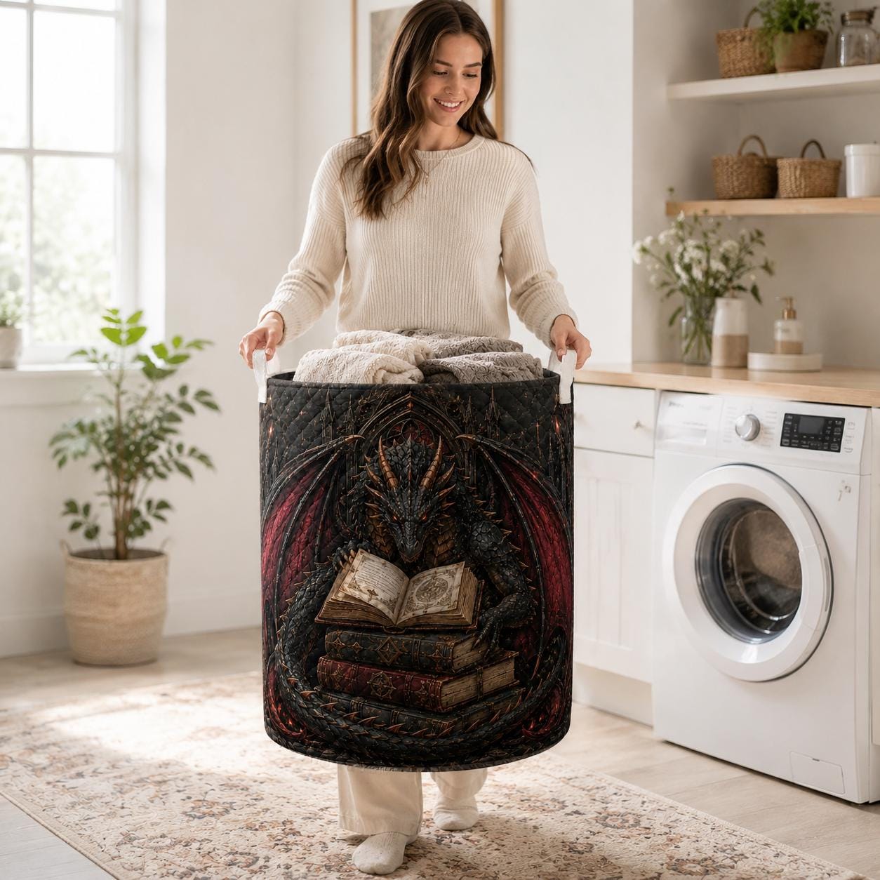 Laundry Basket and Storage Hamper with Dragon Fantasy Quilted Style, Magical Nursery Organizer and Whimsical Home Decor Gift for Book Lover - photo 7