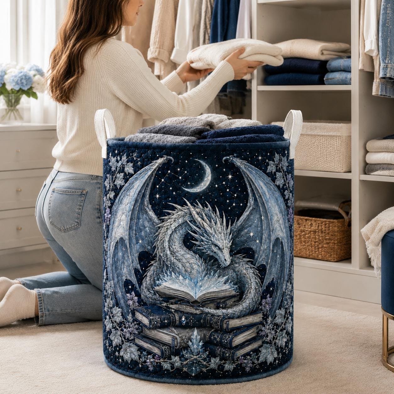 Laundry Basket and Storage Hamper with Dragon Fantasy Quilted Style, Magical Nursery Organizer and Whimsical Home Decor Gift for Book Lover - photo 8