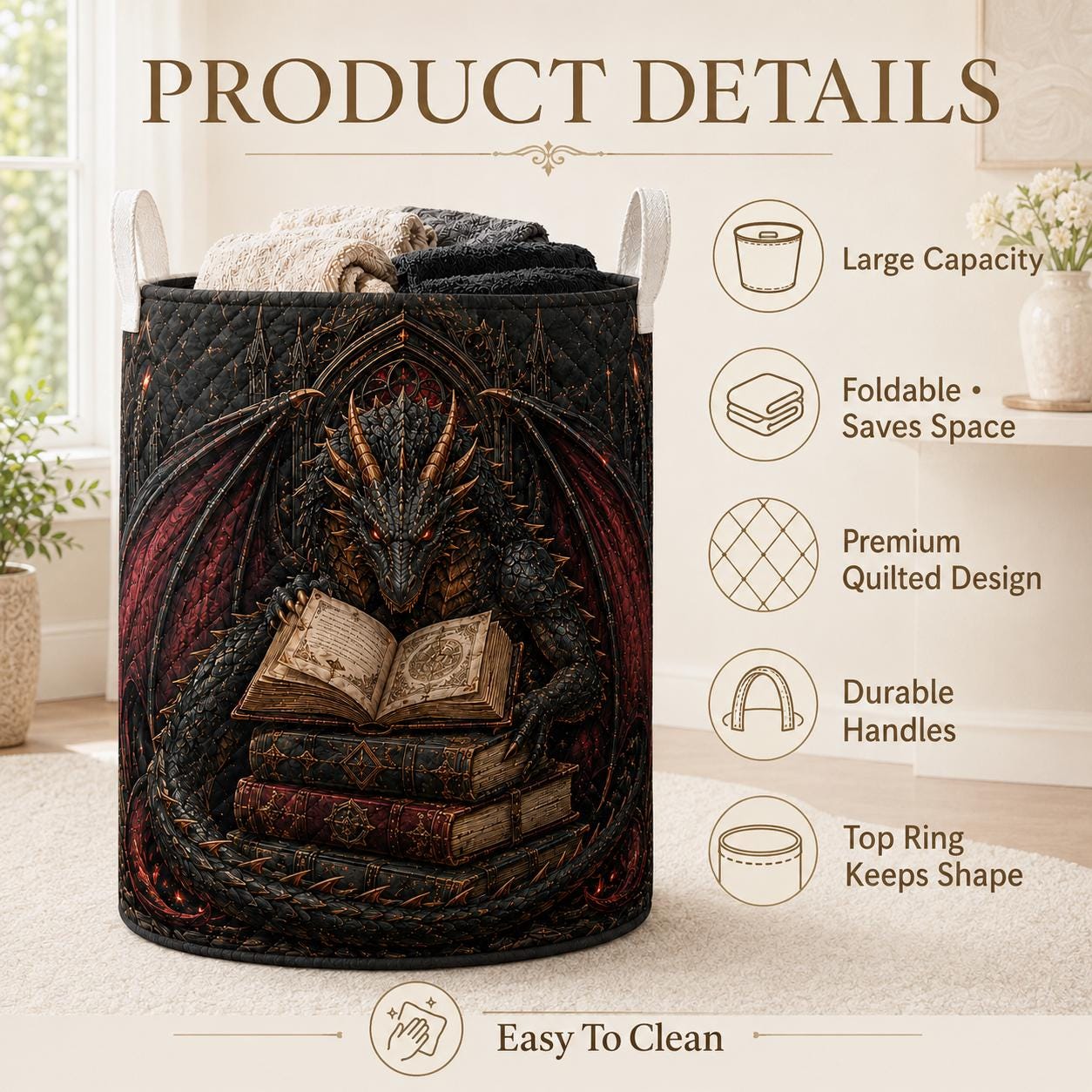Laundry Basket and Storage Hamper with Dragon Fantasy Quilted Style, Magical Nursery Organizer and Whimsical Home Decor Gift for Book Lover - photo 10