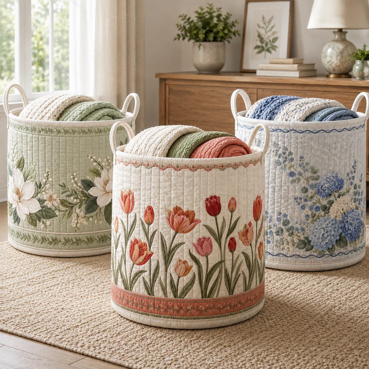 Laundry Basket and Storage Hamper with Floral Botanical Quilted Style, Wildflower Hydrangea Lavender Sunflower Cottagecore Home Decor Organizer