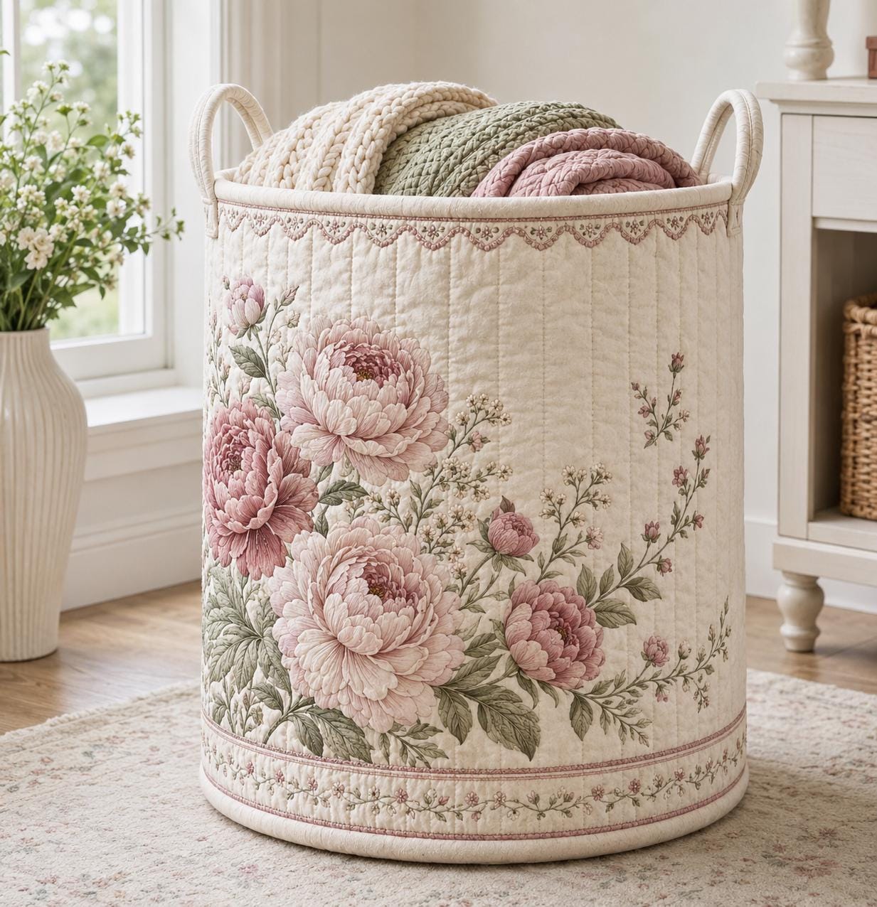 Laundry Basket and Storage Hamper with Floral Botanical Quilted Style, Wildflower Hydrangea Lavender Sunflower Cottagecore Home Decor Organizer - photo 2
