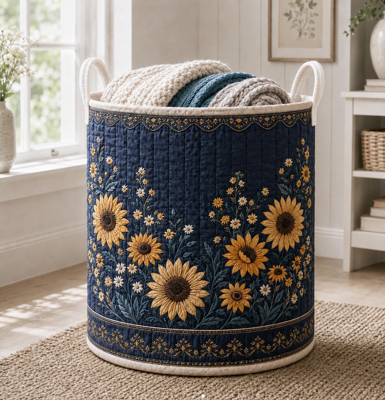 Laundry Basket and Storage Hamper with Floral Botanical Quilted Style, Wildflower Hydrangea Lavender Sunflower Cottagecore Home Decor Organizer - photo 3