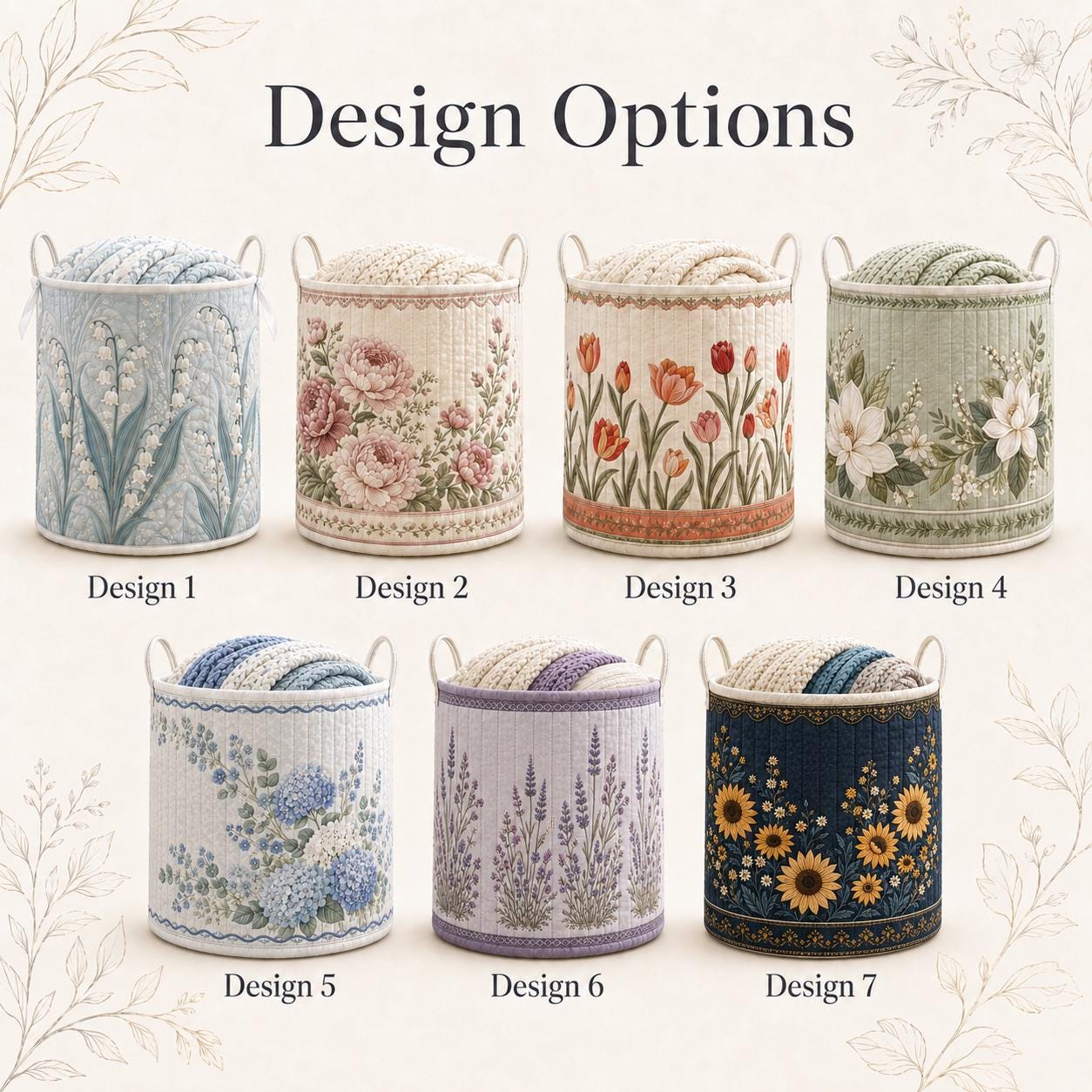 Laundry Basket and Storage Hamper with Floral Botanical Quilted Style, Wildflower Hydrangea Lavender Sunflower Cottagecore Home Decor Organizer - photo 4