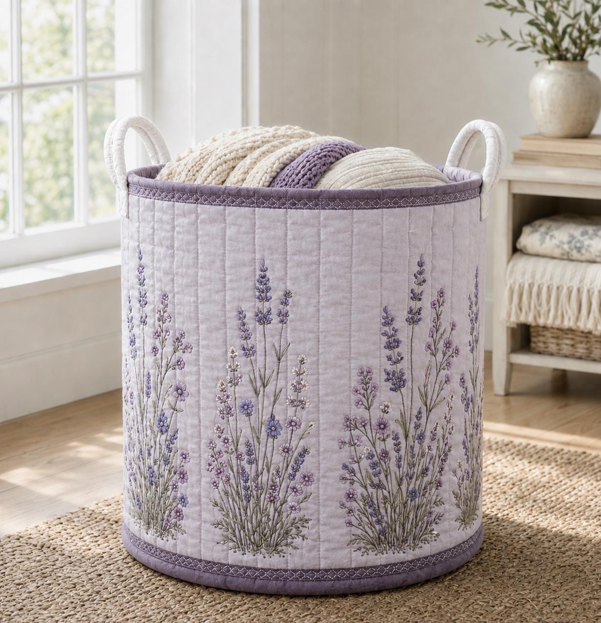 Laundry Basket and Storage Hamper with Floral Botanical Quilted Style, Wildflower Hydrangea Lavender Sunflower Cottagecore Home Decor Organizer - photo 6