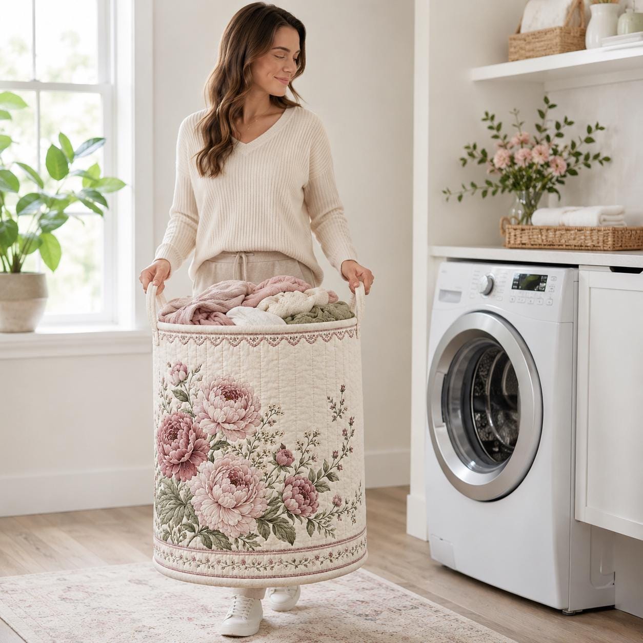 Laundry Basket and Storage Hamper with Floral Botanical Quilted Style, Wildflower Hydrangea Lavender Sunflower Cottagecore Home Decor Organizer - photo 7