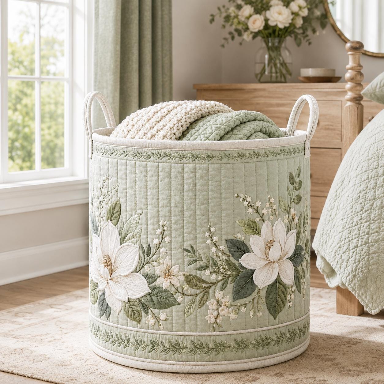 Laundry Basket and Storage Hamper with Floral Botanical Quilted Style, Wildflower Hydrangea Lavender Sunflower Cottagecore Home Decor Organizer - photo 9