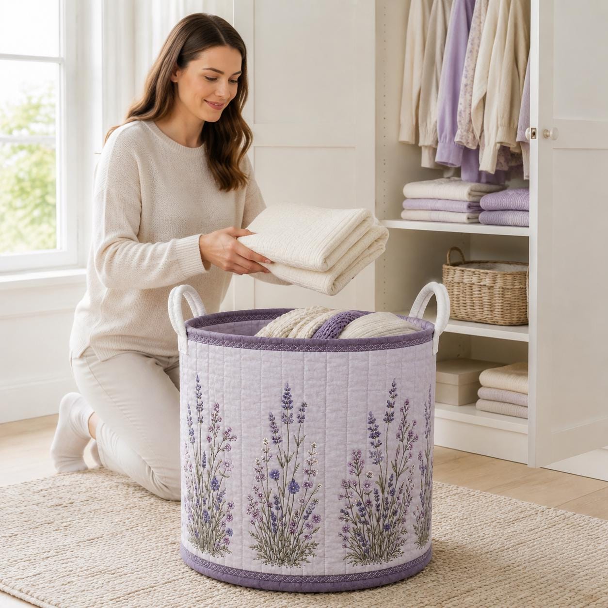 Laundry Basket and Storage Hamper with Floral Botanical Quilted Style, Wildflower Hydrangea Lavender Sunflower Cottagecore Home Decor Organizer - photo 10