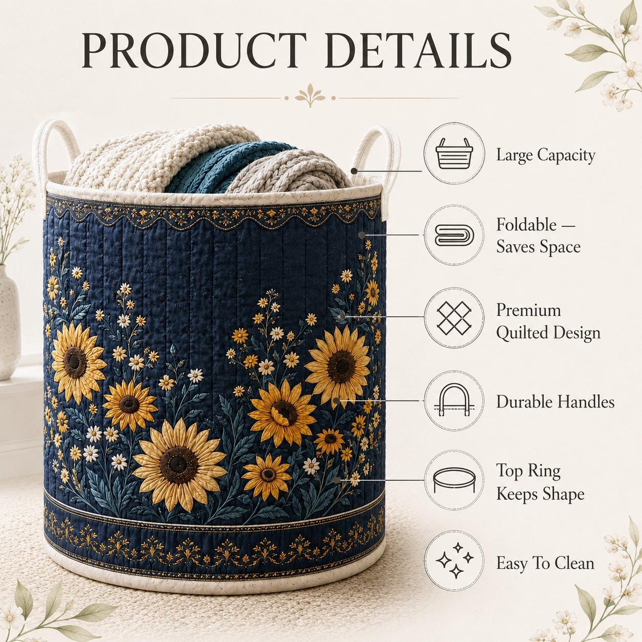 Laundry Basket and Storage Hamper with Floral Botanical Quilted Style, Wildflower Hydrangea Lavender Sunflower Cottagecore Home Decor Organizer - photo 12